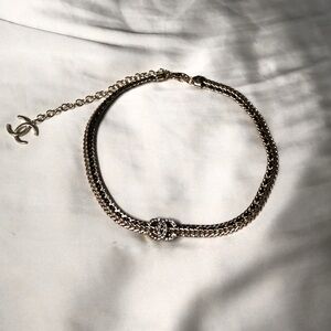 Chanel cc logo crystal necklace Lambskin braided leather black